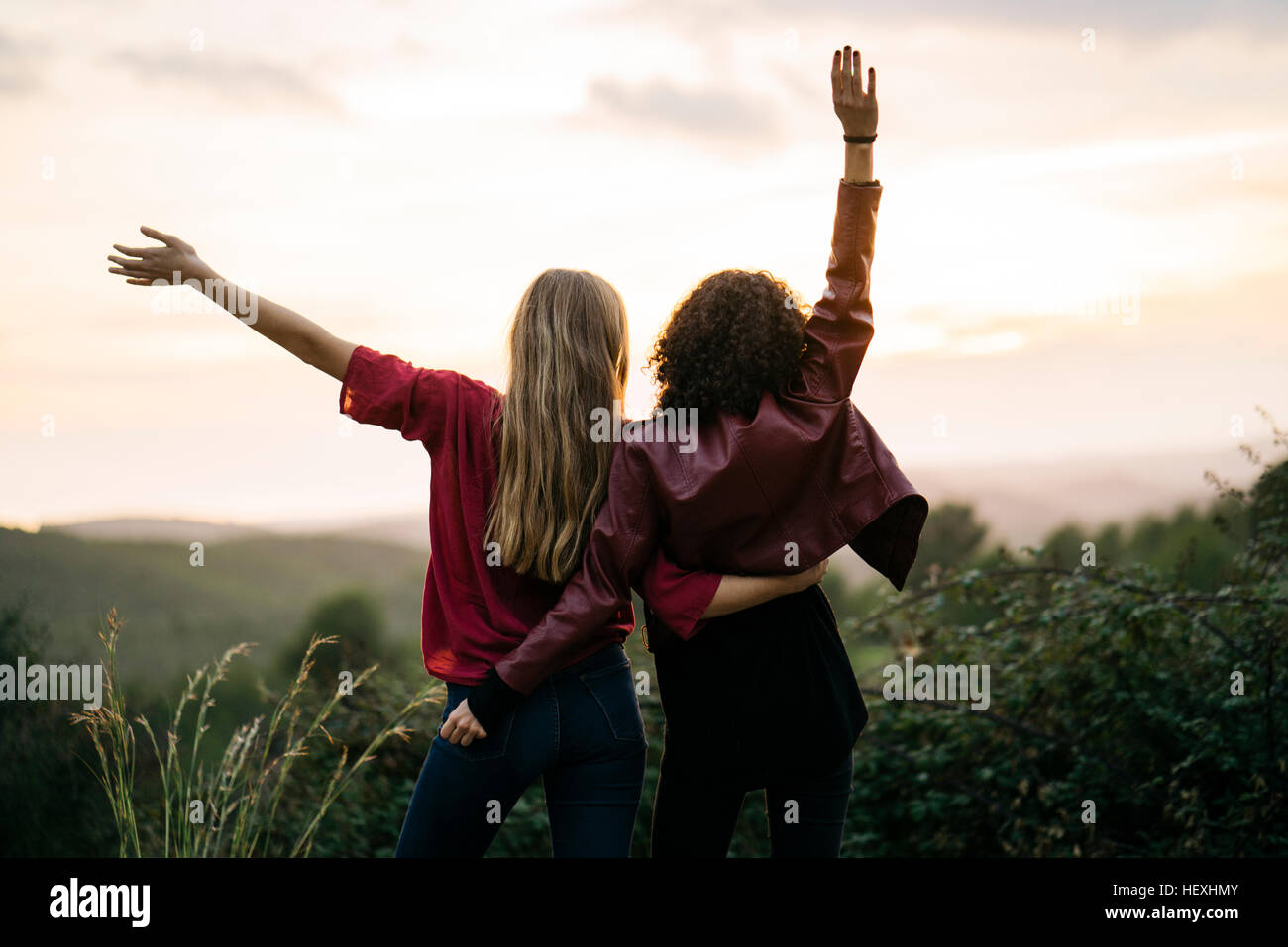 Back view of happy two friends arm in arm in nature Stock Photo Alamy
