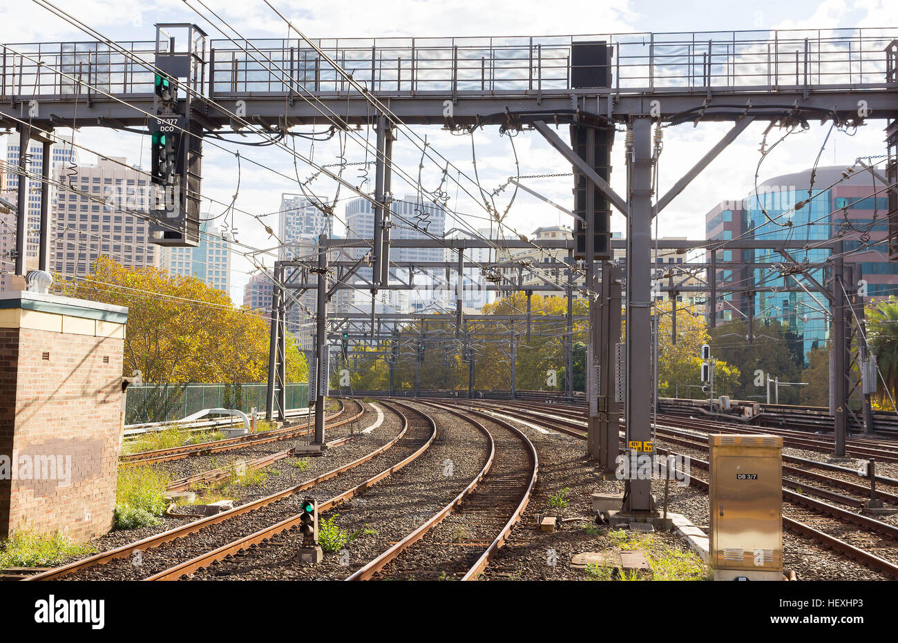 Curve train tracks with indication light Stock Photo Alamy