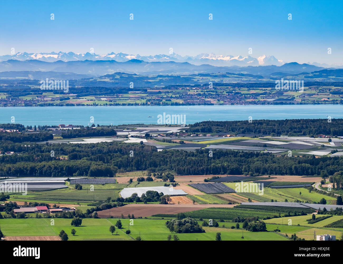 Germany, Baden-Wuerttemberg, Lake Constance and orchards as seen from Gehrenberg Stock Photo