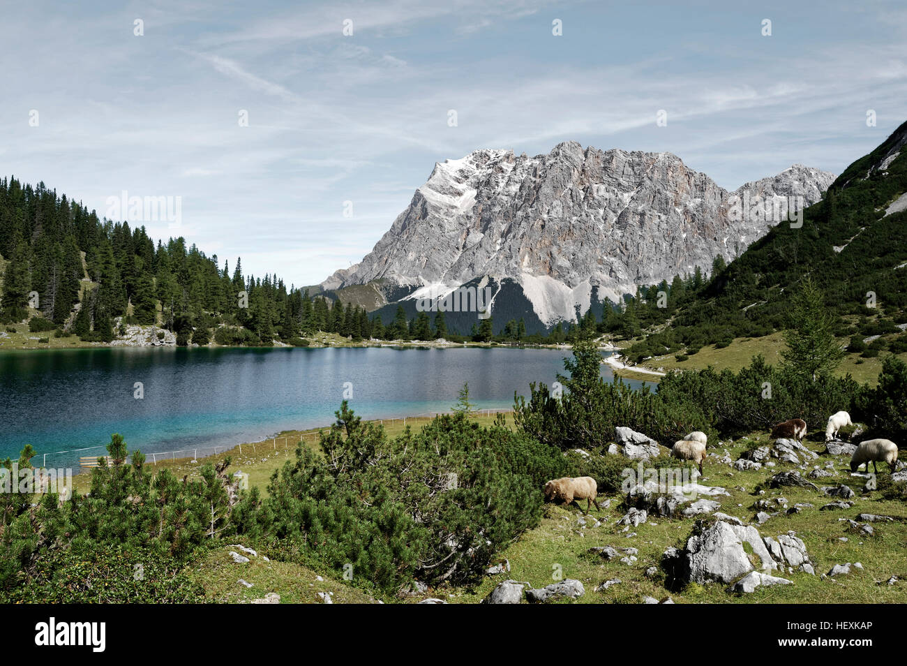 Austria, Tyrol, Ehrwald, Seebensee with Zugspitze in the background Stock Photo