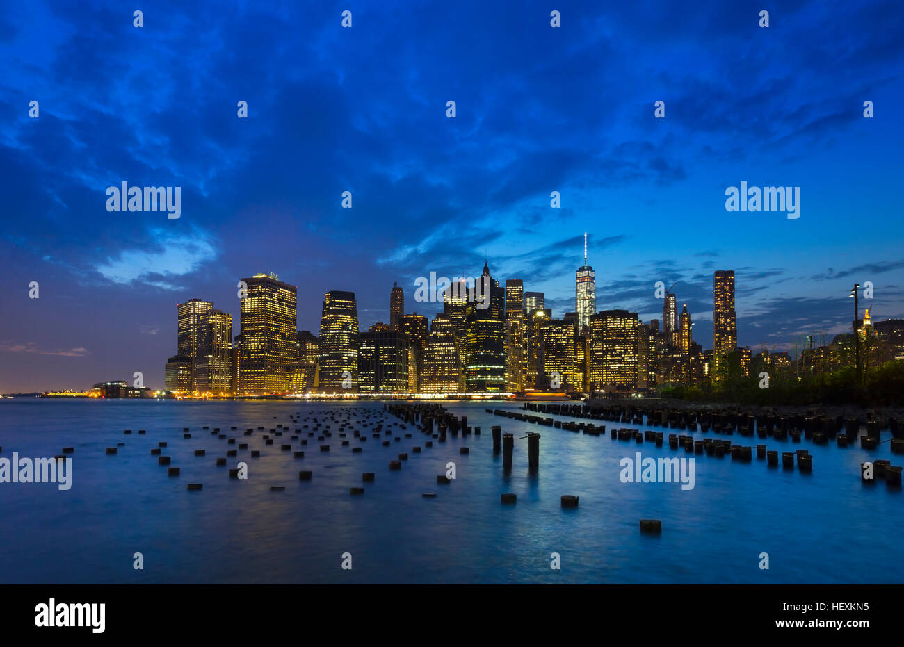 USA, New York City, Manhattan, view to financial district at night ...