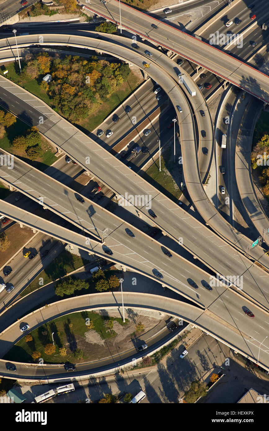 USA, Chicago, aerial photograph of the 90/94/290 Interchange in the early morning Stock Photo