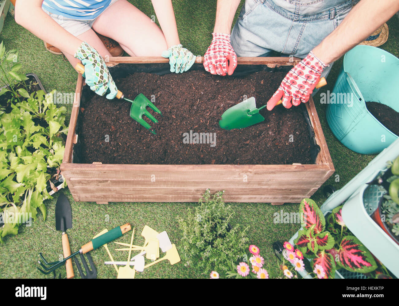 Couple preparing soil to plant vegetables in the container of their urban garden Stock Photo