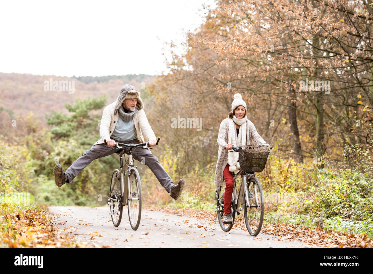 Senior couple doing a bicycle trip with dog in autumn Stock Photo