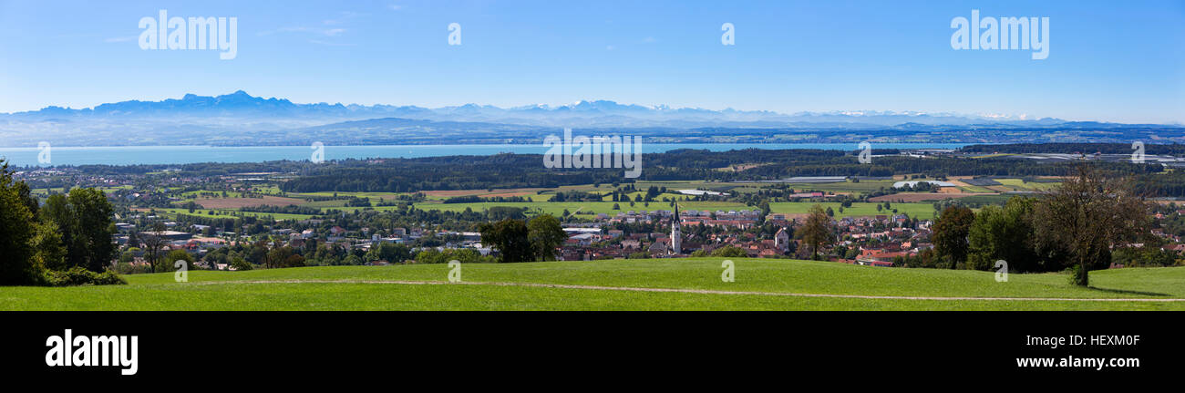 Germany, Baden-Wuerttemberg, Lake Constance and Markdorf with Swiss Alps Stock Photo