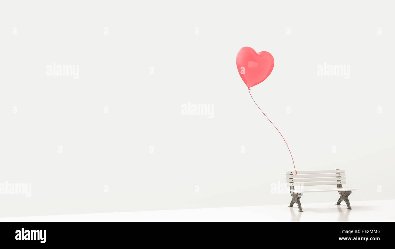 Red heart-shaped balloon attached to white bench, 3d rendering Stock Photo