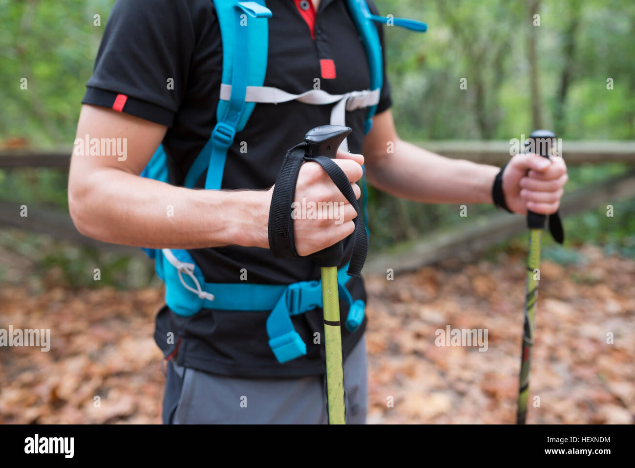 Hiker with walking sticks Stock Photo