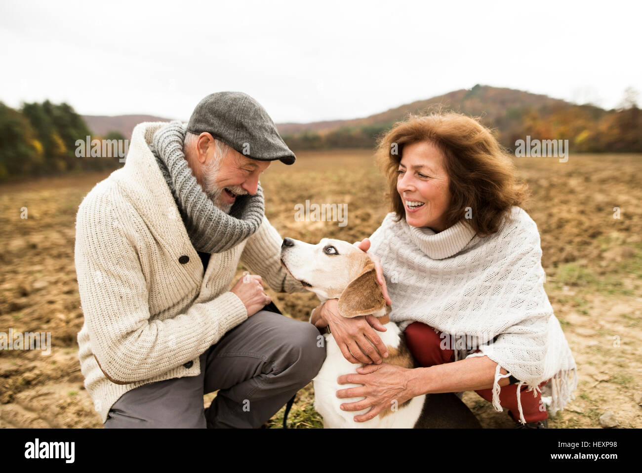 Happy senior couple with dog in nature Stock Photo - Alamy