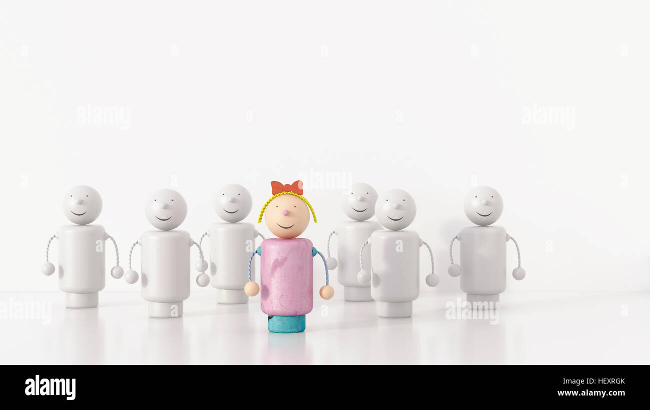 Female figurine standing out from the crowd, 3d rendering Stock Photo