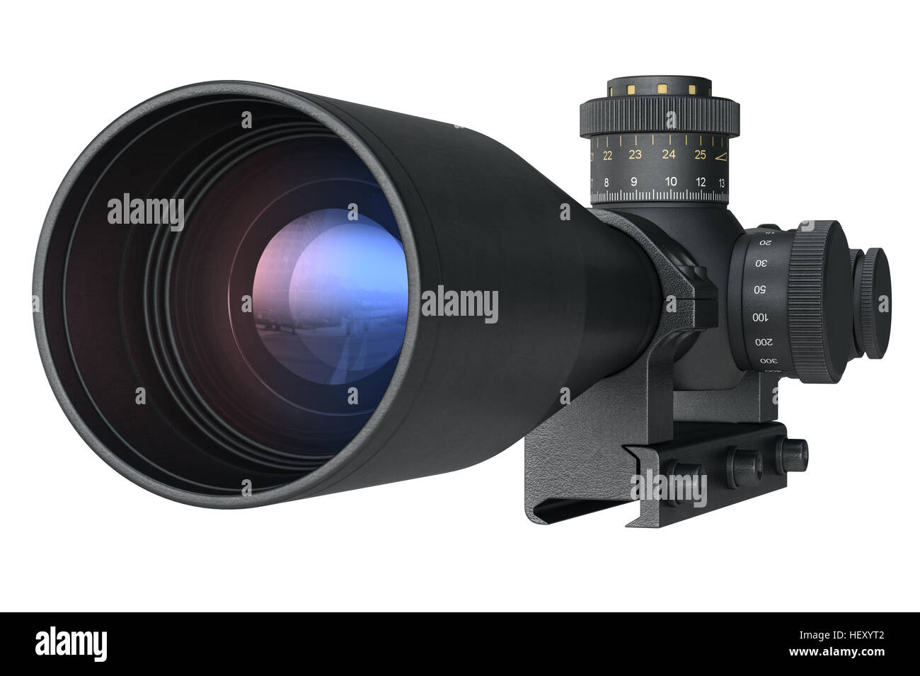 Scope optical glass aiming lens, front view. 3D illustration Stock