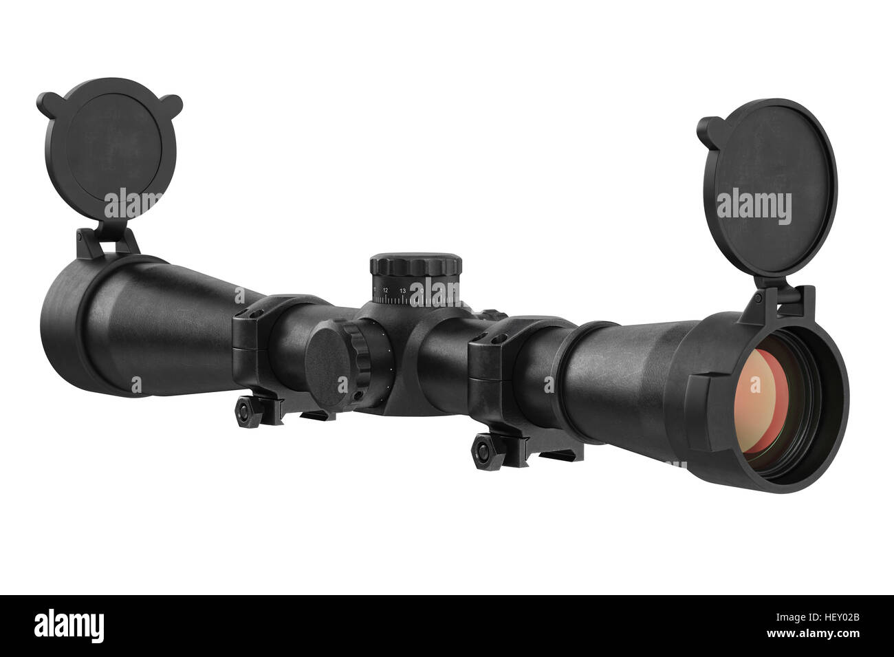 Scope optical military device with glass lens. 3D rendering Stock Photo