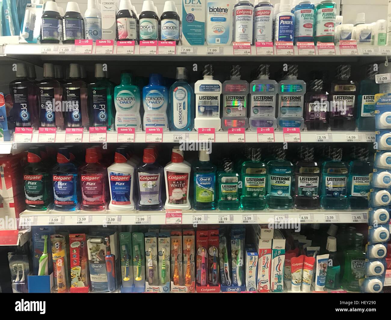 Bottles of mouthwash on sale on a shelf in a supermarket Stock Photo Alamy