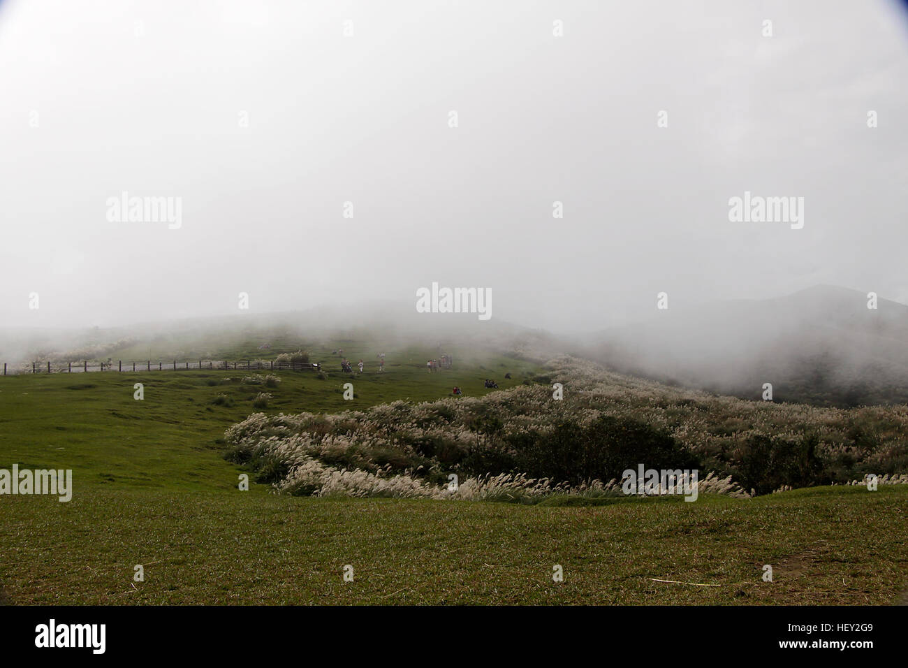 Long walking path leading all the way up the mountain obscured by heavy mist. Stock Photo