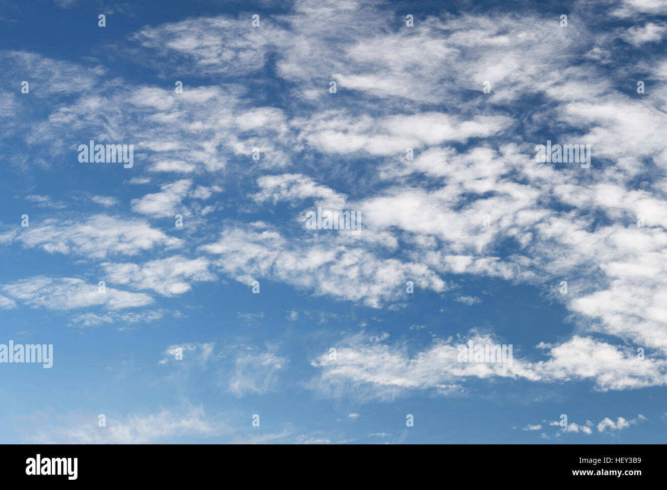 Fluffy white Altocumulus clouds against a blue sky. Stock Photo