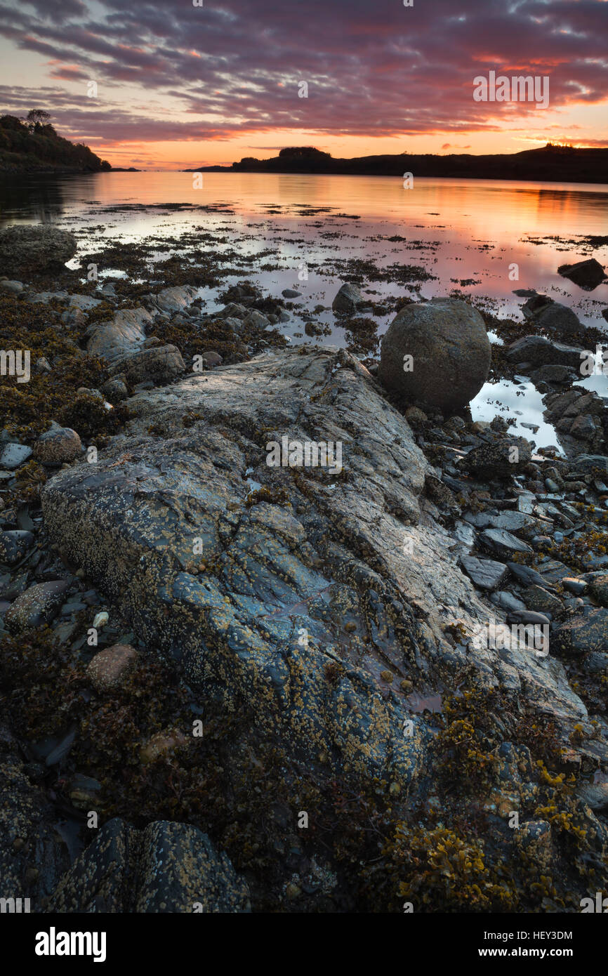 Seaweed clings to rocks and boulders on the shore of Loch Linnhe as the sun sets in the distance. Stock Photo