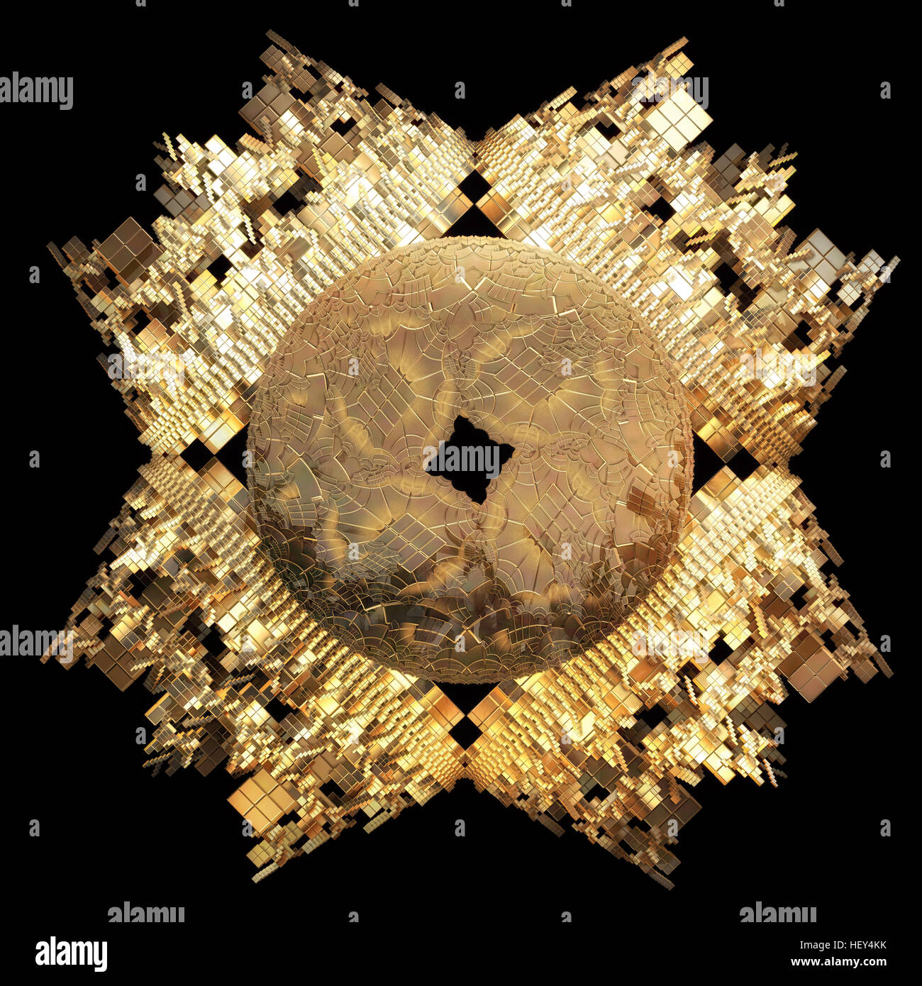 abstract golden fractal iterated shape generated by computer Stock Photo