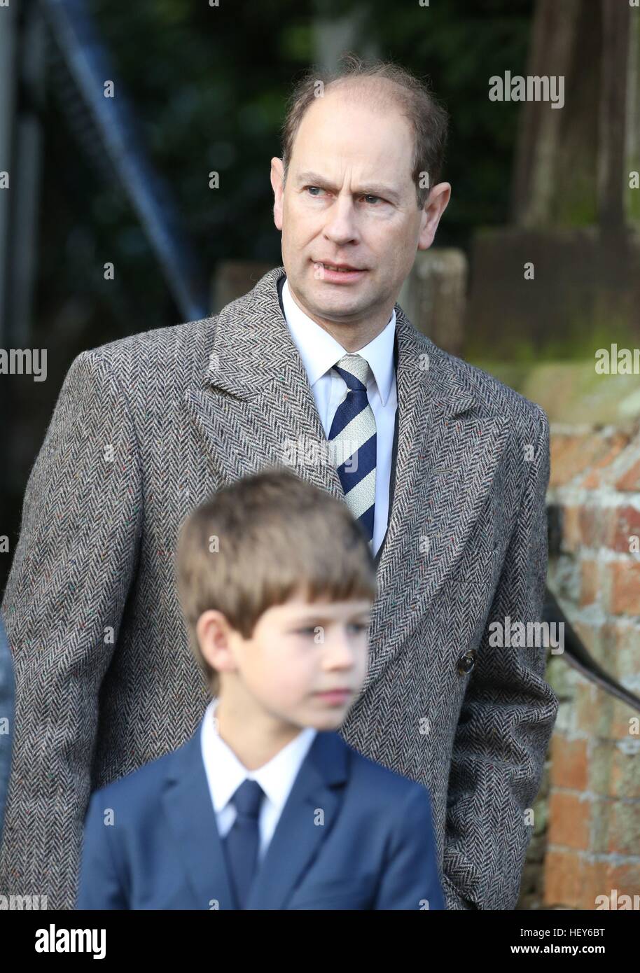 The Earl of Wessex with James, Viscount Severn leaving the Christmas Day service at St Mary The Earl of Wessex with James, Viscount Severn leaving the Christmas Day service at St Mary