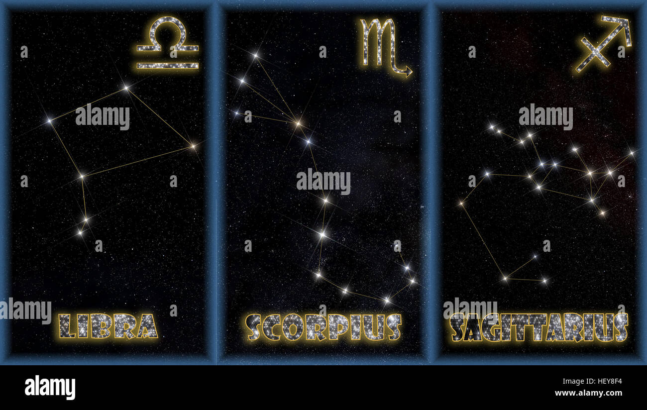 The three autumn signs of the zodiac with identification of the constellations and symbols used to identify them. Stock Photo