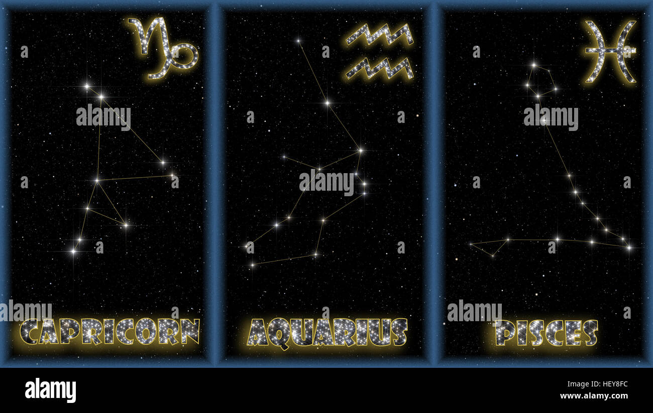 The three winter signs of the zodiac with identification of the constellations and symbols used to identify them Stock Photo
