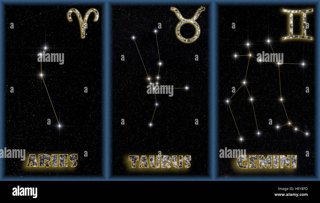 The three Spring signs of the zodiac with identification of the constellations and symbols used to identify them. Stock Photo