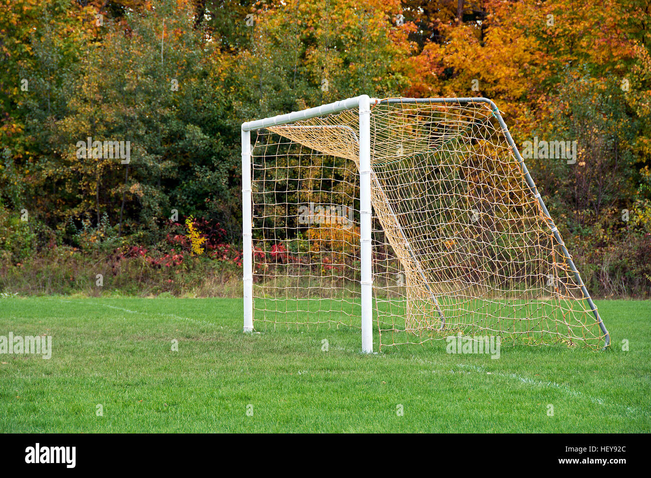 empty soccer goal net on playing field in autumn Stock Photo