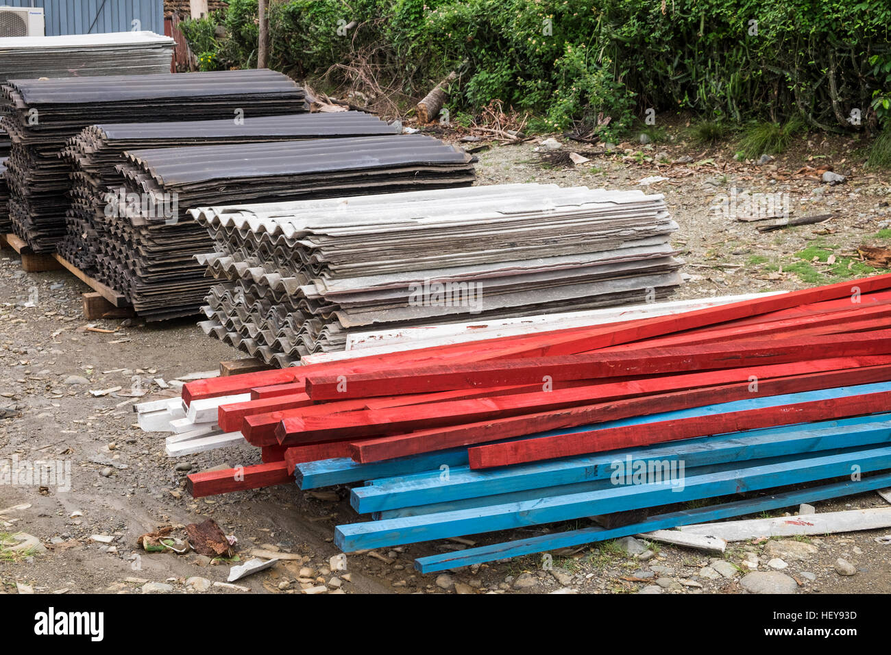 Asbestos sheeting to be used for roofing as part of the relief effort after hurricane Mathew, Yomuri, Baracoa, Cuba Stock Photo