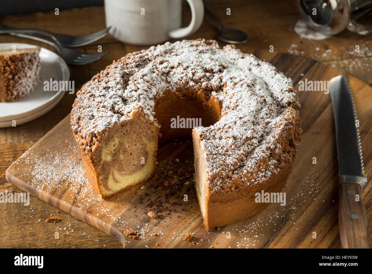 Homemade Cinnamon Coffee Cake with Powdered Sugar Stock Photo