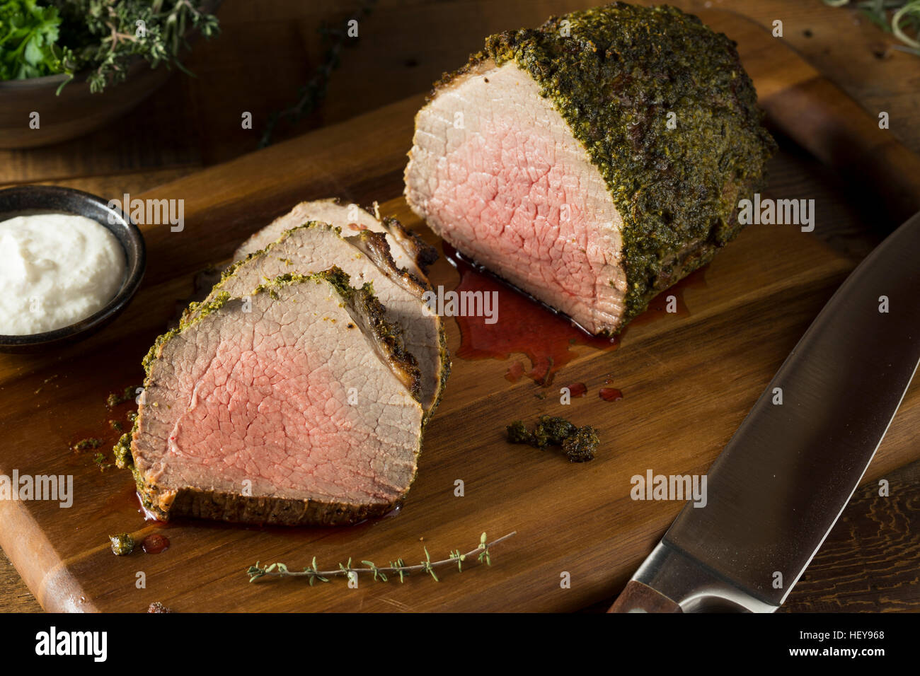 Homemade Herb Crusted Roast Beef with Horseradish Sauce Stock Photo Alamy