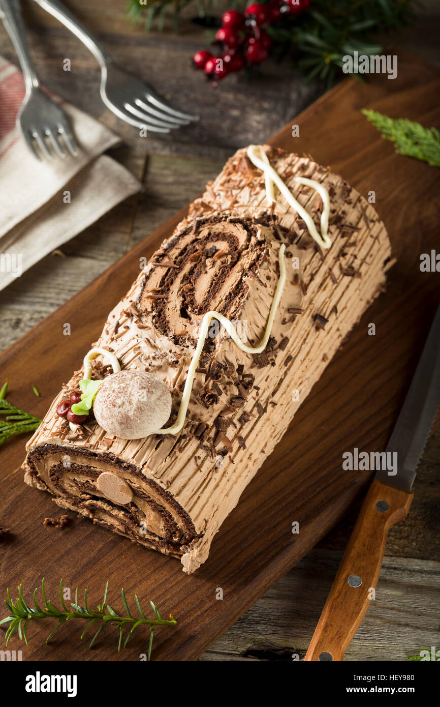 Homemade Chocolate Christmas Yule Log with Mousse and Frosting Stock Photo Alamy