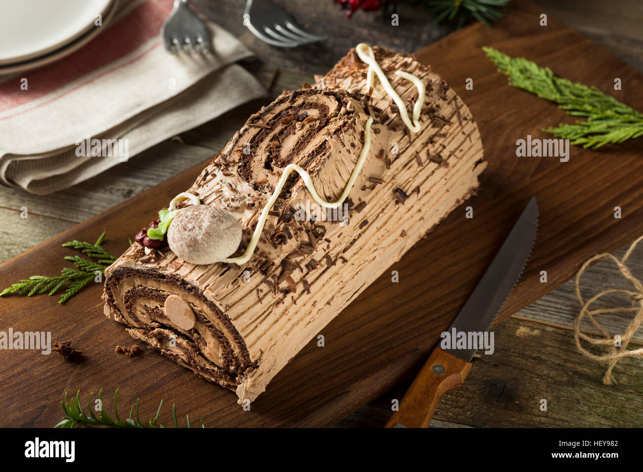 Homemade Chocolate Christmas Yule Log with Mousse and Frosting Stock