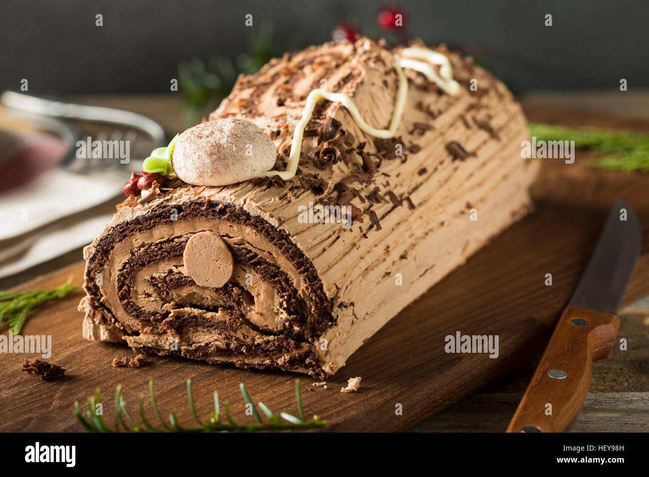 Homemade Chocolate Christmas Yule Log with Mousse and Frosting Stock