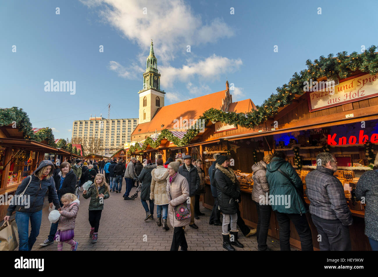 Market stalls at Berliner Weihnachtszeit, German Christmas market, Neptunbrunnen, Berlin Stock Photo