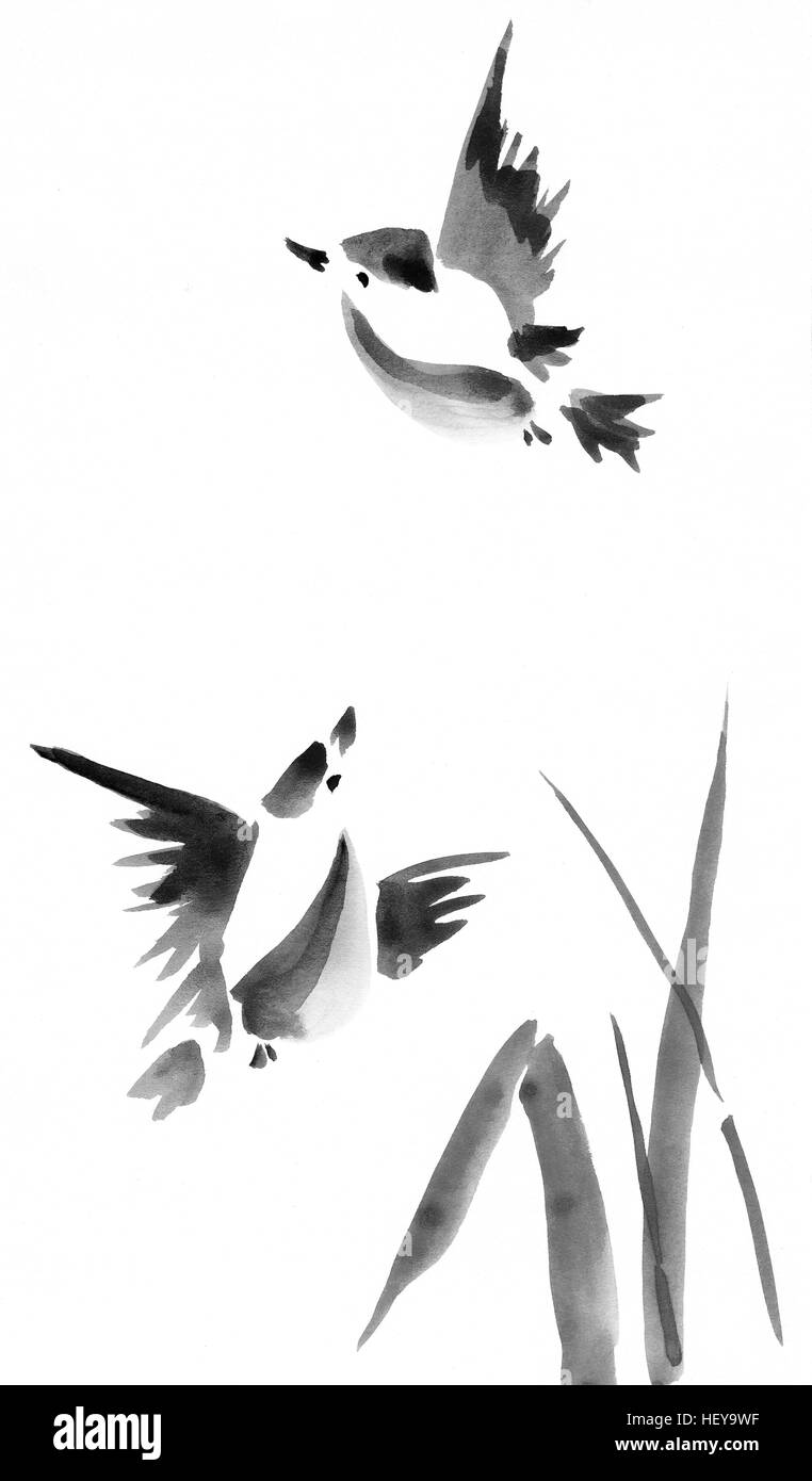 Chinese painting watercolor. Flying birds Stock Photo