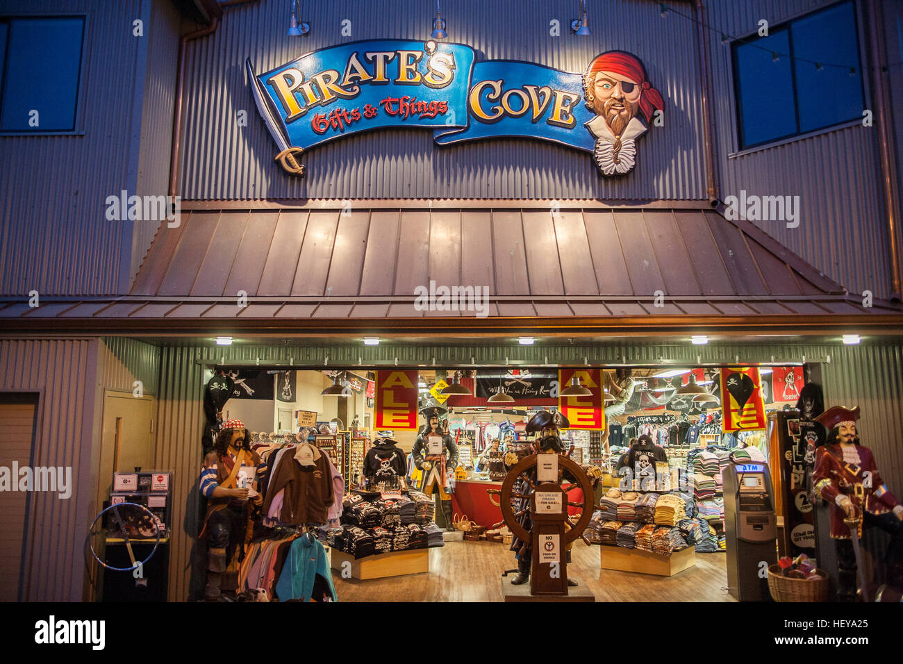 Pirate's Cove,shopping,tourism,Monterey,Wharf,pier,jetty,tat,cheap,gifts,shop,California,USA,U.S.A.,United States of America. Stock Photo