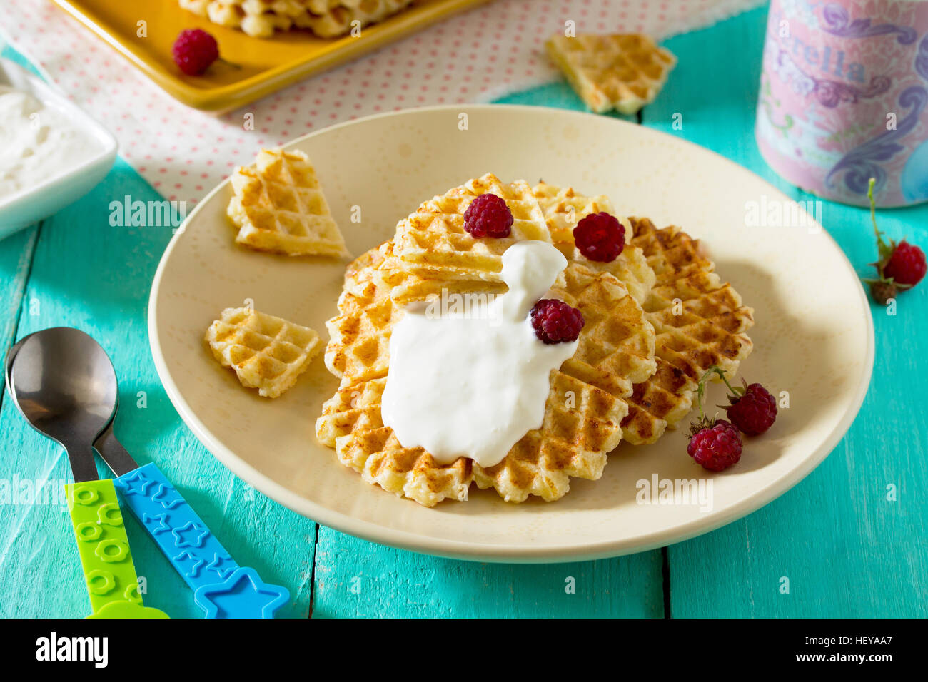 Dinner Or Lunch For Children Cakes And Fruit Waffles With