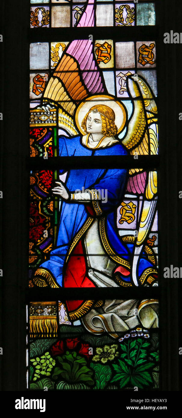 Stained Glass window depicting an Angel in the Cathedral of Saint Bavo in Ghent, Flanders, Belgium. Stock Photo