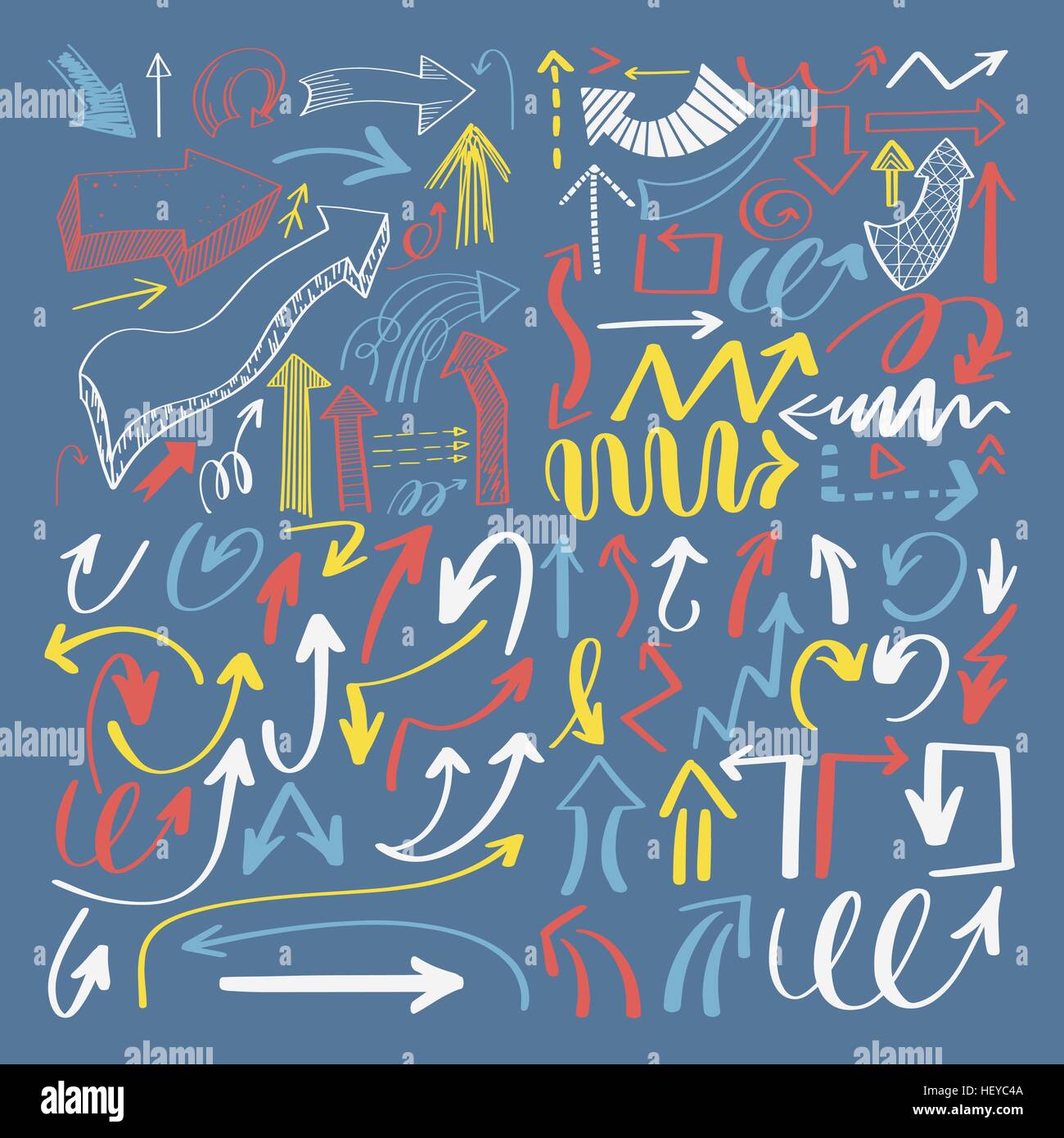 set of hand drawing isolated arrows collection on blue backgroun Stock ...