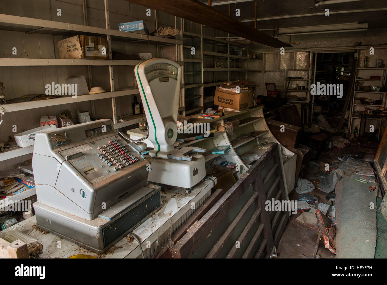 Inside a derelict/abandoned shop and residential premises within the village of Banham, Norfolk, UK Stock Photo