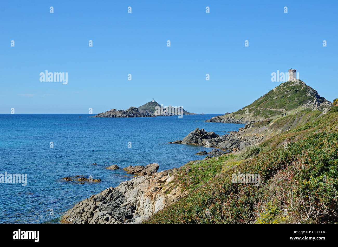 Headland at Pointe de la Parata with the extant Genoese tower is situated near the Isles Sanguinaires (the Archipelago of the Sanguinaires) about 15km Stock Photo