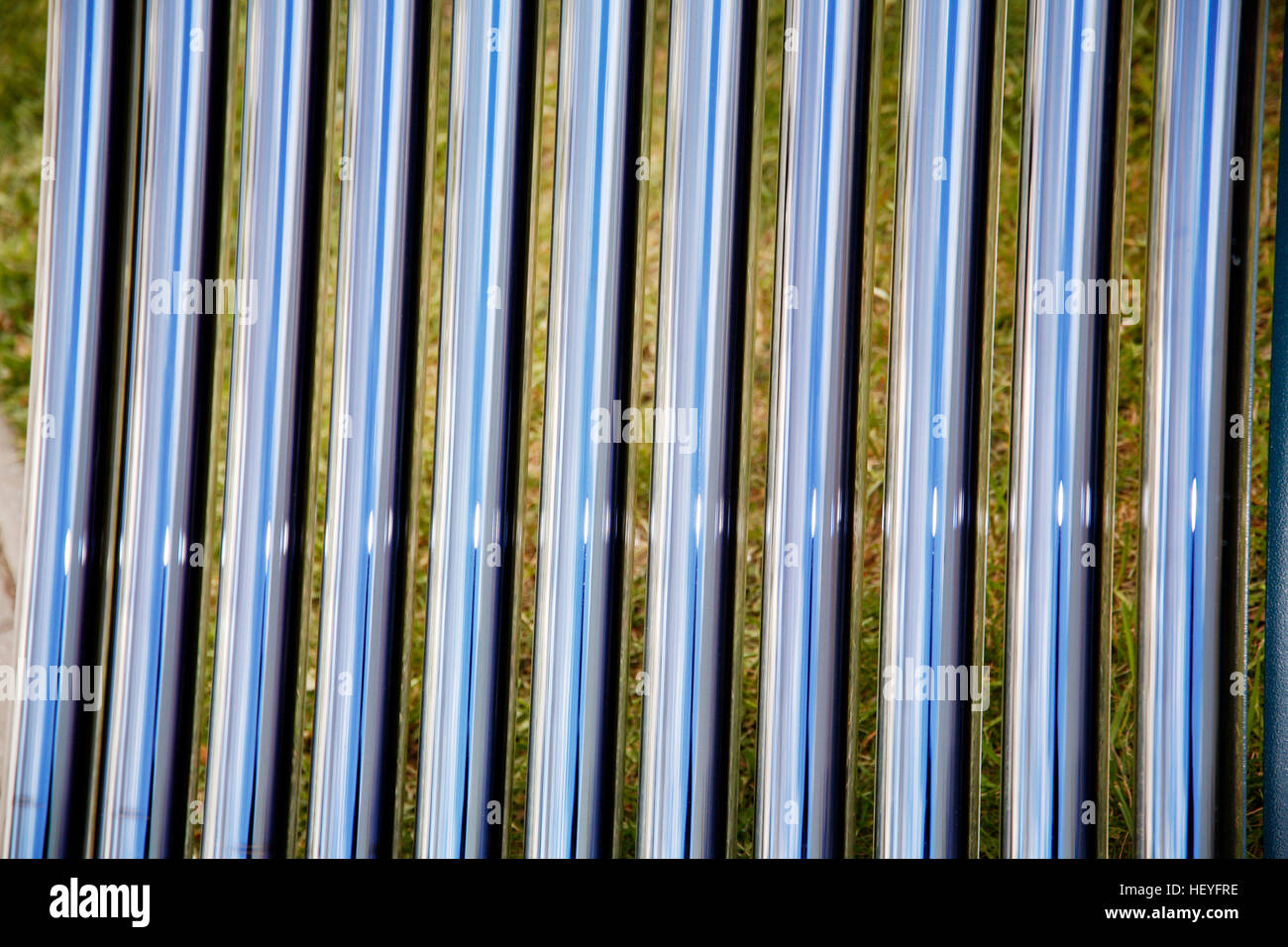 Elements of solar heating system. Details of evacuated tube solar collector Stock Photo