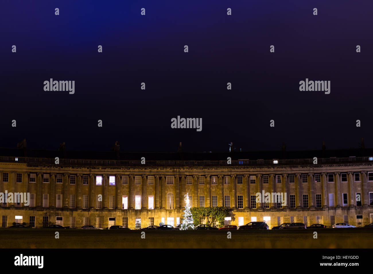Royal Crescent in Bath with Christmas Tree. Historic building in UNESCO World Heritage City in Somerset, England, UK Stock Photo