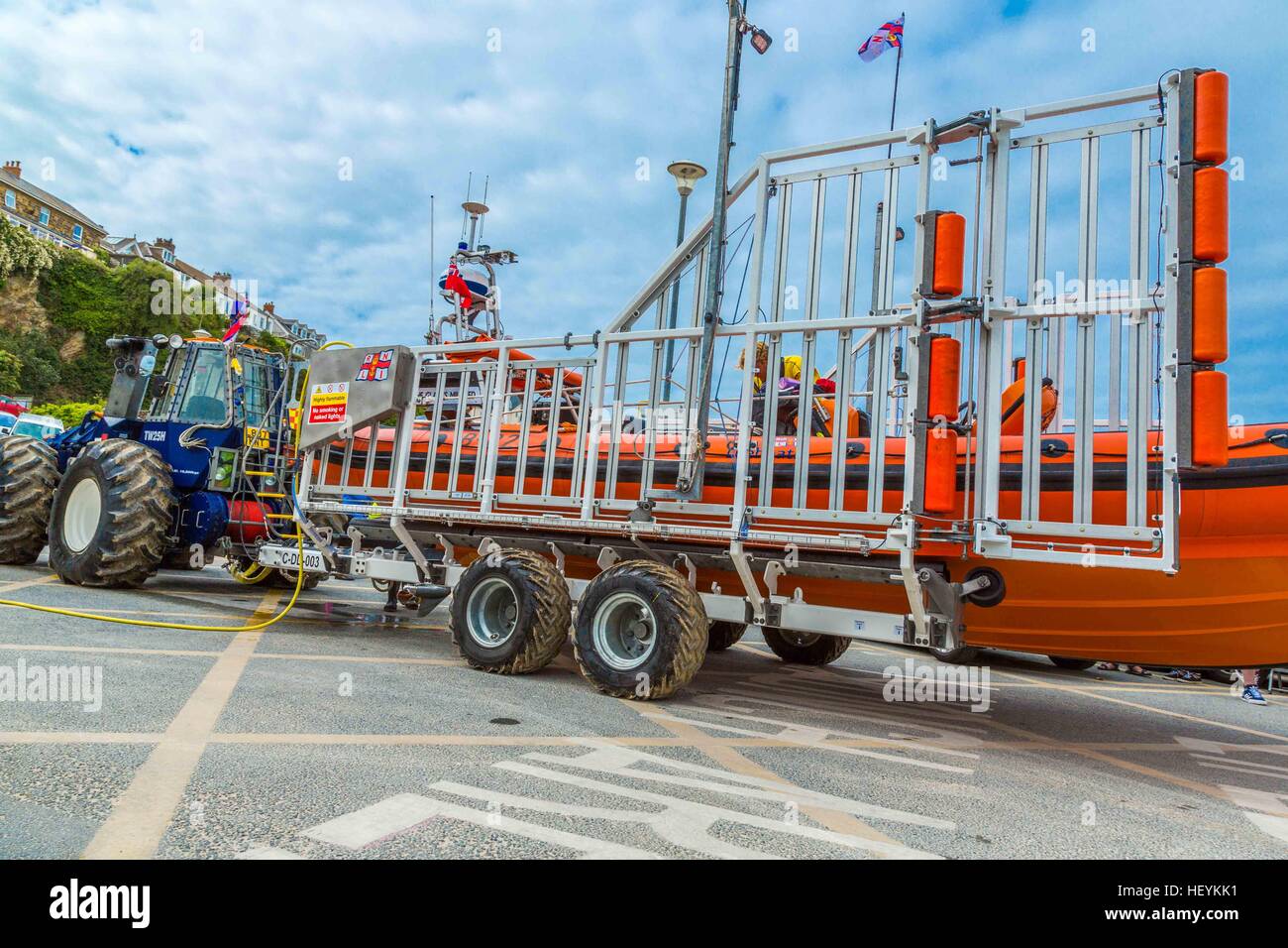 The RNLI in action in a rescue at Newquay Harbour in 2015 Stock Photo