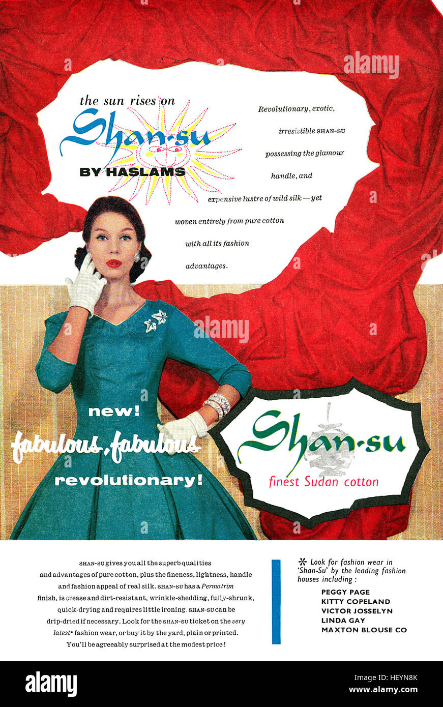 1957 British advertisement for Haslams Shan-Su Cotton fabric Stock Photo