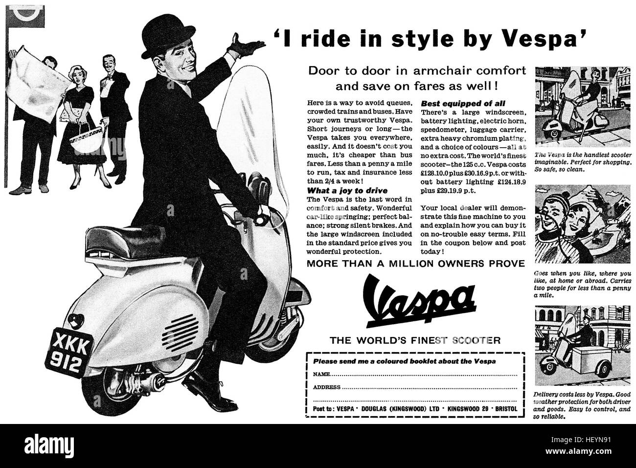 1956 British advertisement for Vespa Scooters Stock Photo