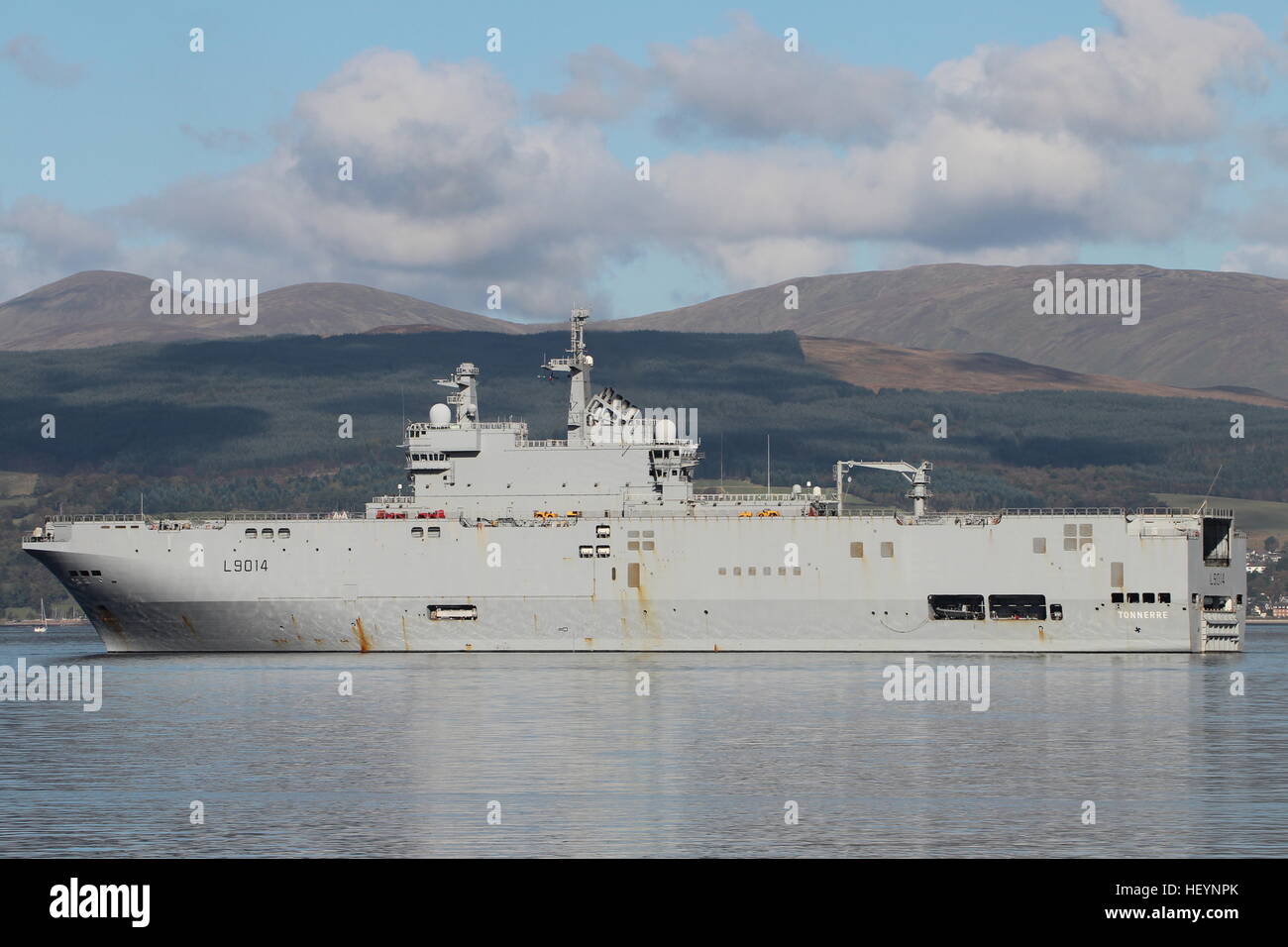 FS Tonnerre (L9014), a Mistral-class assault ship of the French Navy, off Greenock prior to Exercise Joint Warrior 16-2. Stock Photo