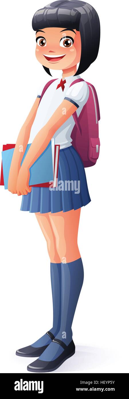 Vector cute Asian young school student girl standing with books. Stock Vector