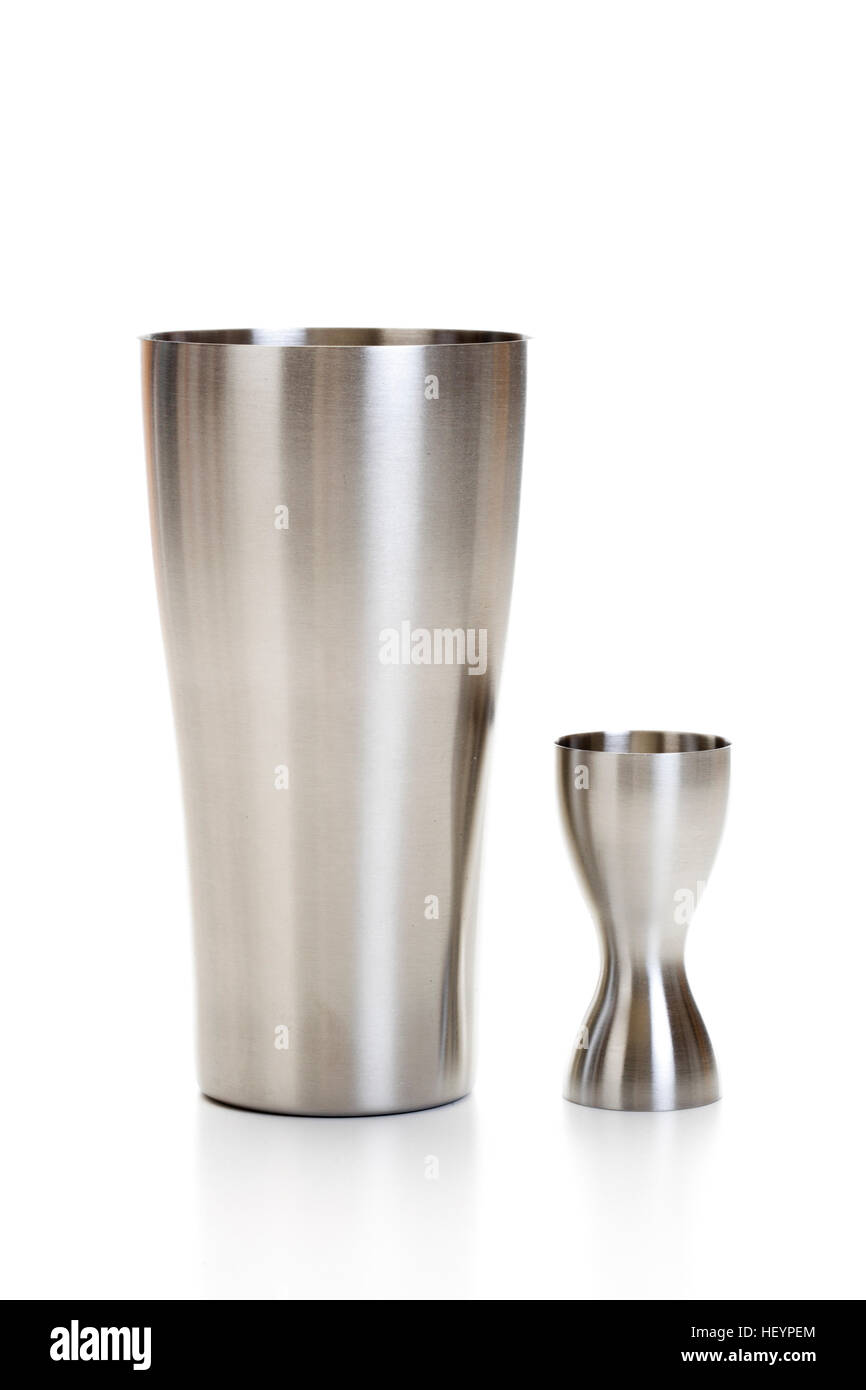 Stainless steel cocktail shaker and measuring cup Stock Photo Alamy