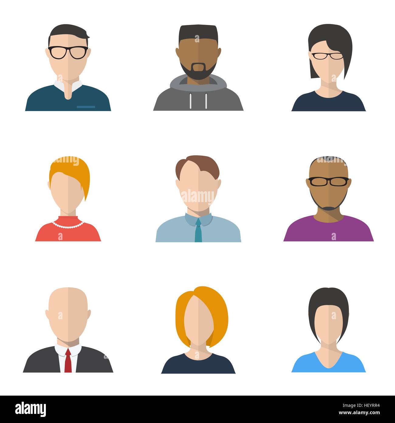 Set of vector flat style people faces. Characters portraits and avatars, freelancer, businessman with tie and jacket, and secretary faces both men and Stock Vector