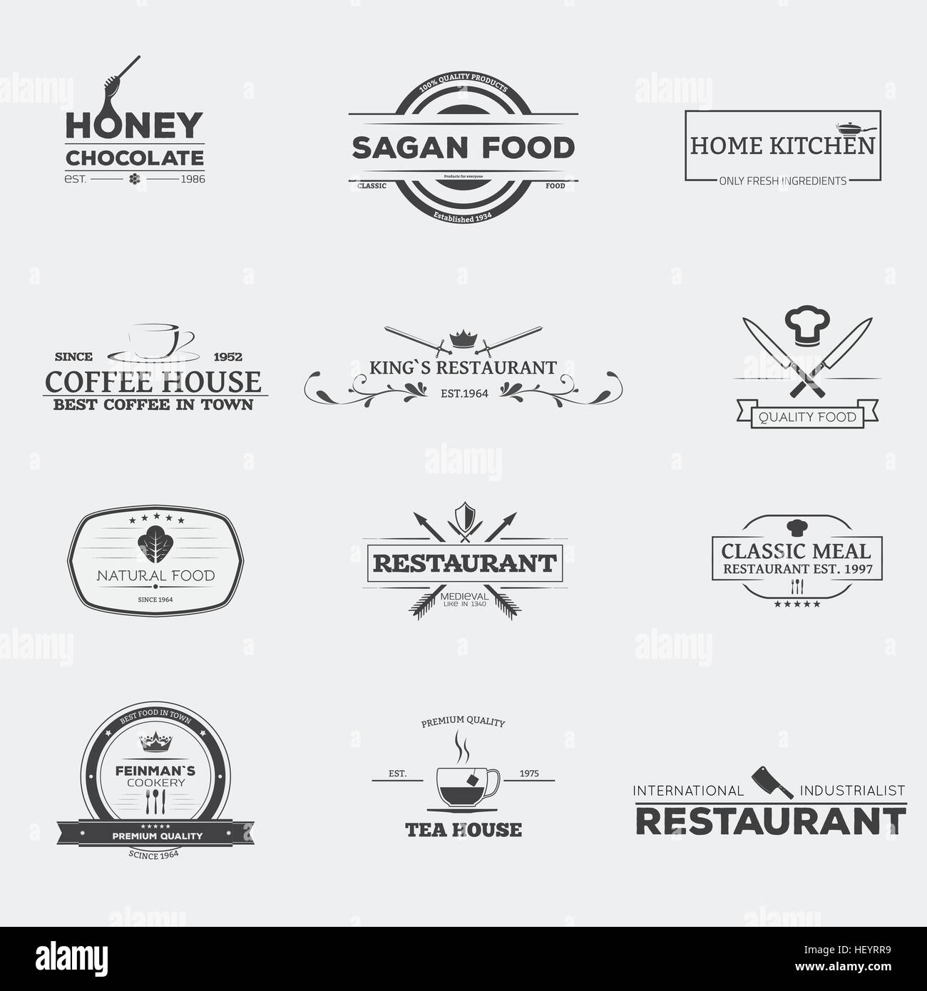 Set of retro logo and emblems, badges and insignias, labels and signs for food production and restaurants. Tea or coffee house, medieval restaurant an Stock Vector