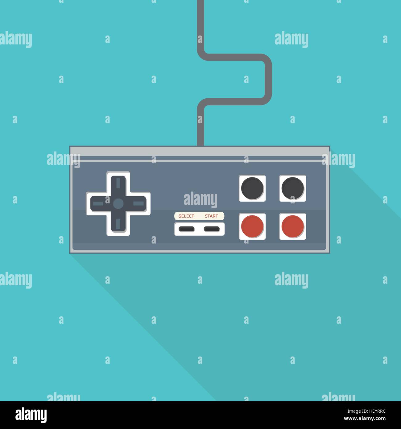 Classic flat style vector illustration of rectangular joystick like gamepad with analog buttons and stick with wire. Stock Vector